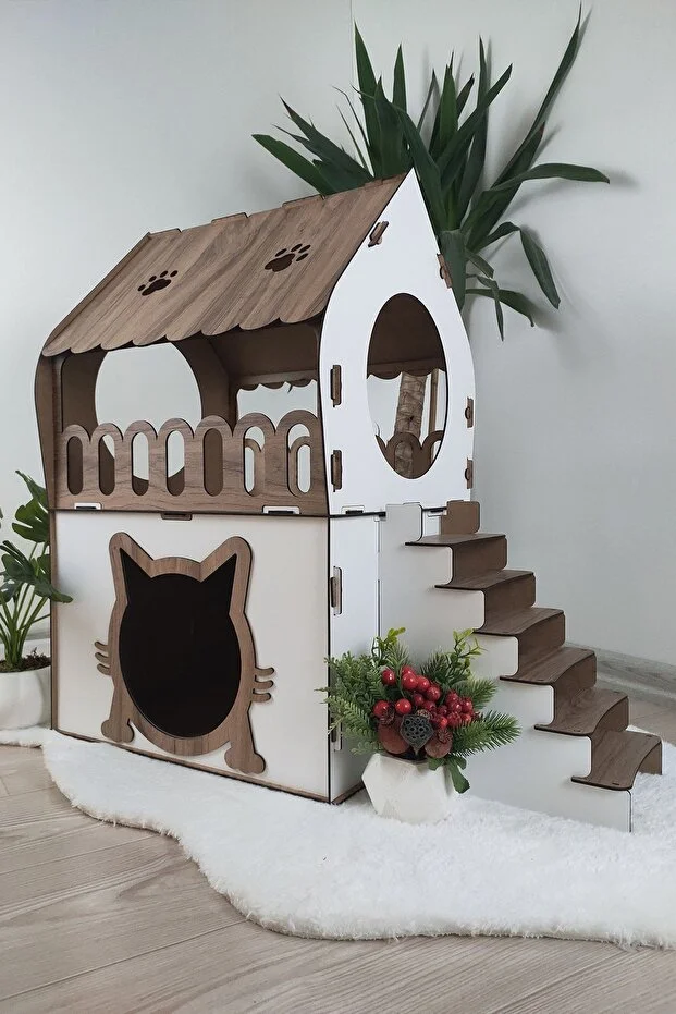 Teraslı Kedi Evi 2 katlı dubleks kedi evi kedi yatağı kedi kafesi